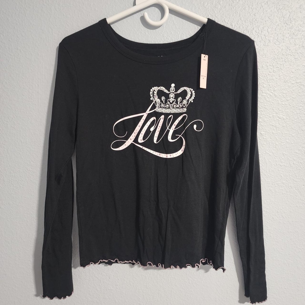 Victoria's Secret Black Long Sleeve Top with Crown and Love Design